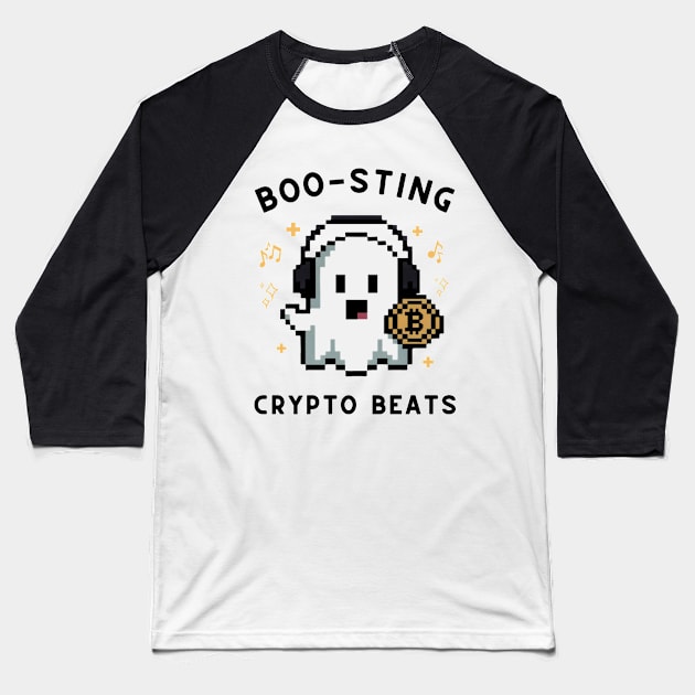 Crypto Ghost - 8-Bit Music Halloween Design Baseball T-Shirt by Pixel Punkster